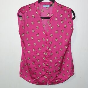Cynthia Rowley Hot Pink Fox Print Blouse w/ Gold Buttons Women's Size Small